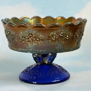 VINTAGE FENTON Compote Cobalt Combo Carnival & Glass Orange Tree Pattern 3"H